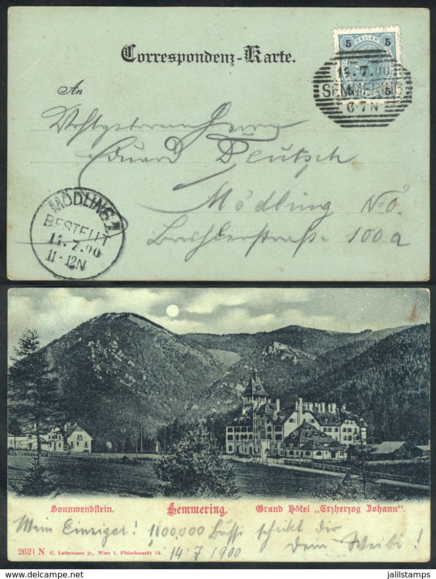 AUSTRIA: Postcard (view Of The Grand Hotel Erzherzog Johanna) Franked With 5h. And Sent From SEMMERING To Mödling On 14/ - Other & Unclassified