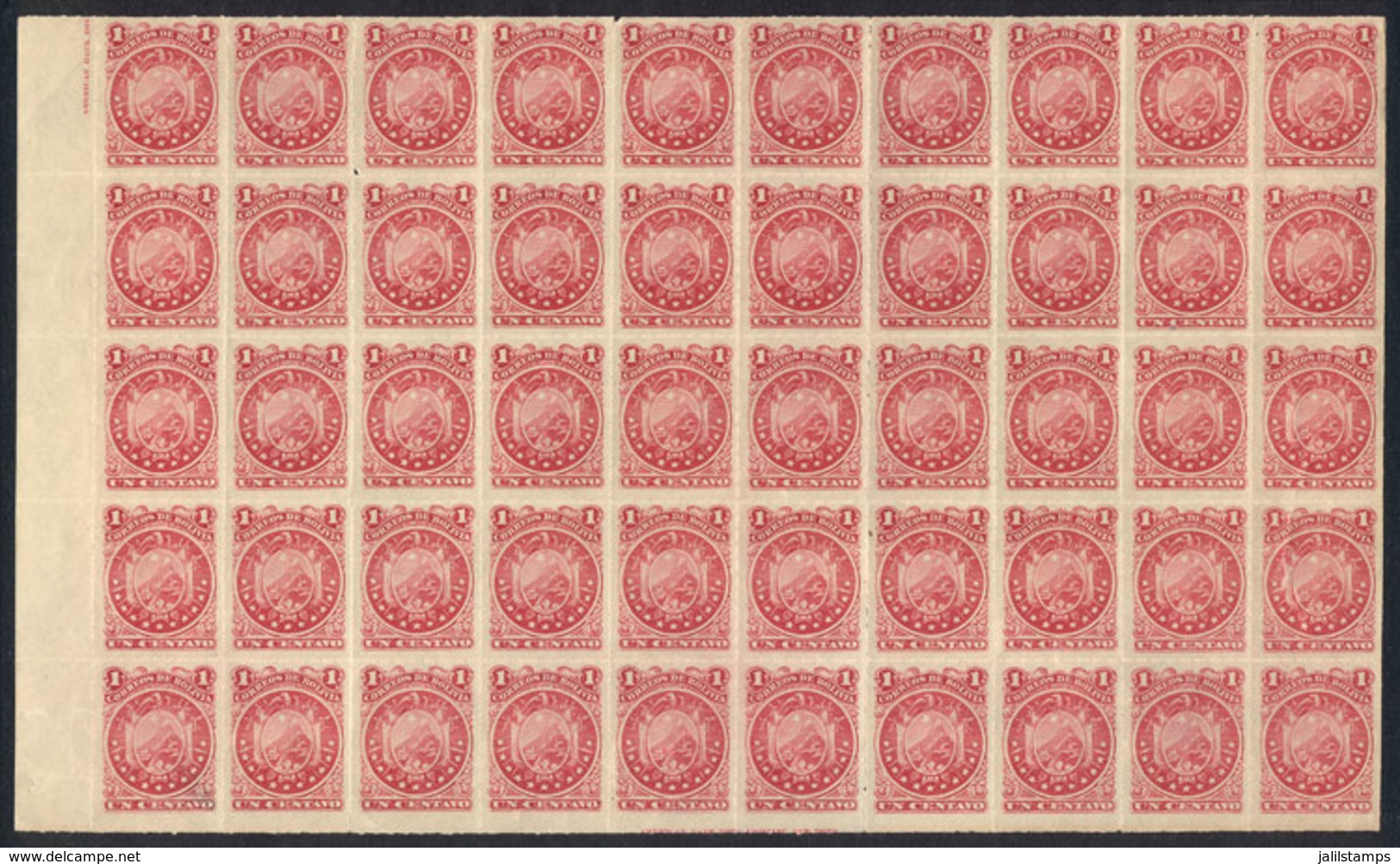 BOLIVIA: Yv.24, 1887 1c. Rouletted, Fantastic BLOCK OF 50 Mint Never Hinged, Superb! - Bolivia