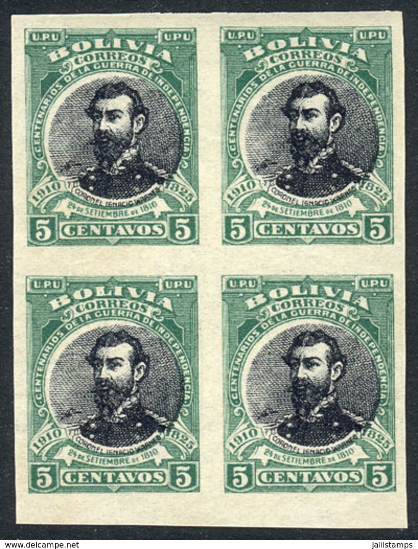 BOLIVIA: Yvert 87, 1910 5c. Warnes, IMPERFORATE Block Of 4, 2 Stamps WITH WATERMARK, Excellent Quality! - Bolivia