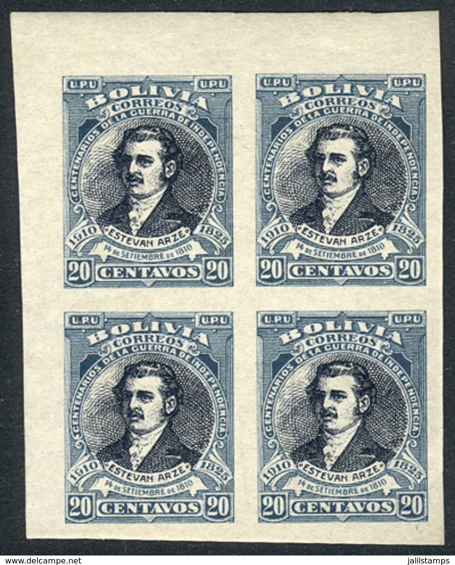 BOLIVIA: Yvert 89, 1910 Arze 20c., IMPERFORATE BLOCK OF 4, Sheet Corner, VF Quality! - Bolivia