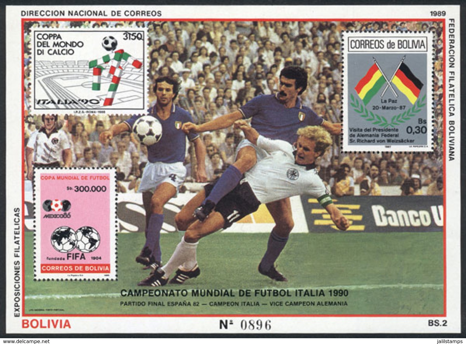 BOLIVIA: Souvenir Sheet Michel 178, 1989 Italia 90 Football World Cup, VF Quality! - Bolivia