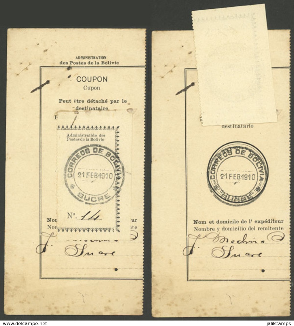 BOLIVIA: Interesting Receipt Of A Letter Dispatched In Sucre On 21/FE/1910, VF! - Bolivië