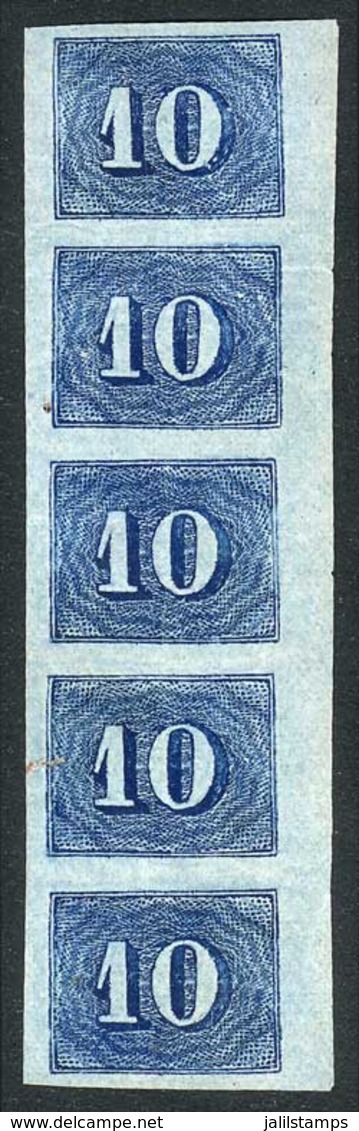 BRAZIL: Sc.37, 1854 10R. Blue, Vertical Strip Of 5, Very Fine Quality, Very Nice! - Other & Unclassified