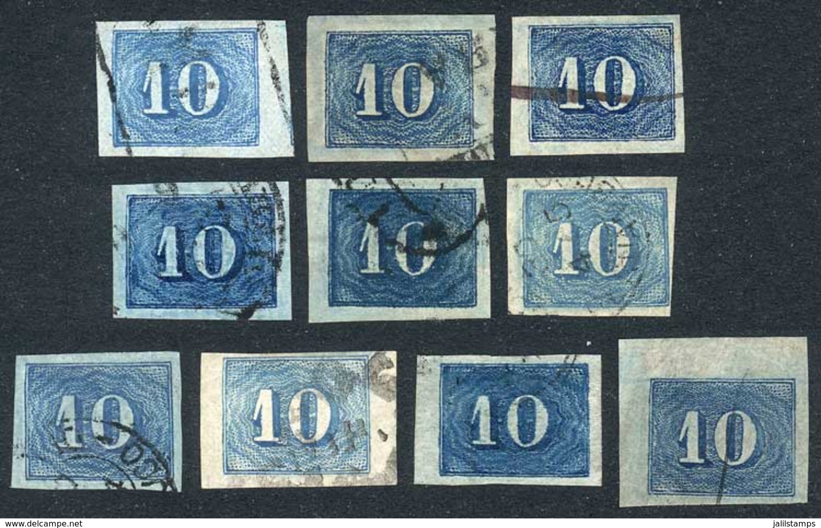 BRAZIL: Sc.37, 1854 10R. Blue, 10 Used Examples, RANGE OF SHADES/printings/cancels, Very Fine Quality! - Other & Unclassified