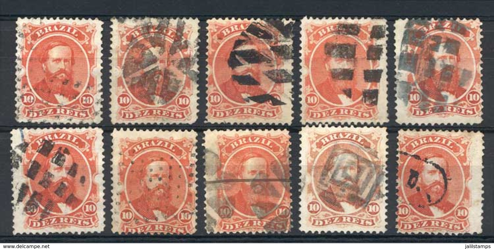 BRAZIL: Sc.53, 1866 10R. Vermilion, 10 Used Examples, All With DIFFERENT CANCELS, VF Quality, Catalog Value US$60. - Altri & Non Classificati