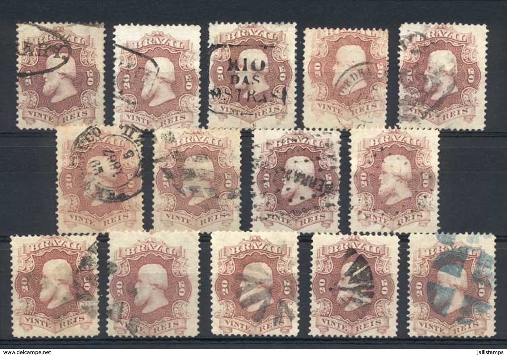 BRAZIL: Sc.54, 1866 20R. Red Lilac, 14 Used Examples, All With DIFFERENT CANCELS, VF Quality! - Other & Unclassified