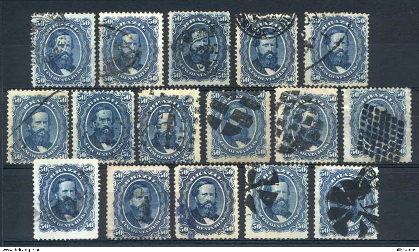 BRAZIL: Sc.56, 1866 50R. Blue, 16 Used Examples, All With DIFFERENT CANCELS, VF Quality! - Other & Unclassified