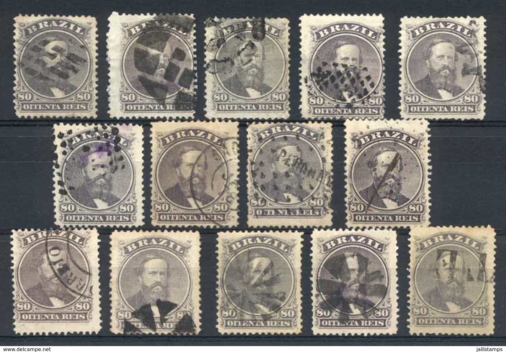 BRAZIL: Sc.57 Or 57b, 1866 80R. Violet Or Rose Lilac, 14 Used Examples, All With DIFFERENT CANCELS, VF Quality! - Autres & Non Classés