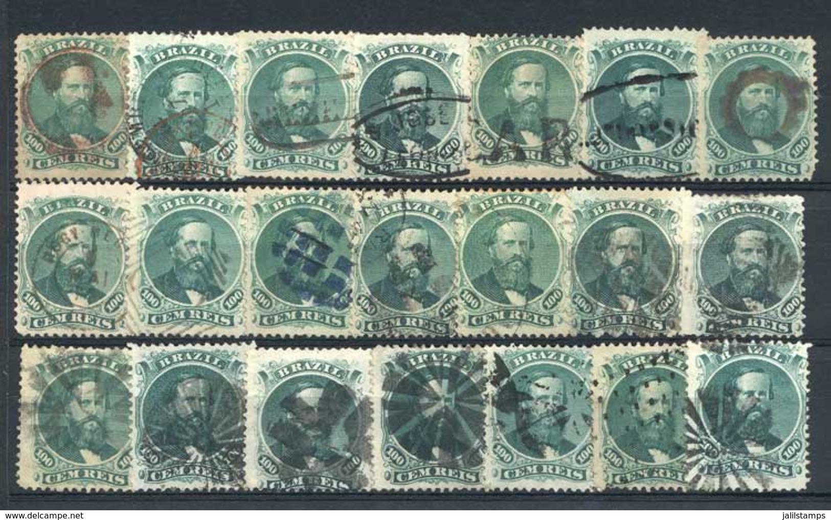 BRAZIL: Sc.58, 1866 100R. Green, 21 Used Examples, All With DIFFERENT CANCELS, Some Very Scarce! VF Quality - Other & Unclassified