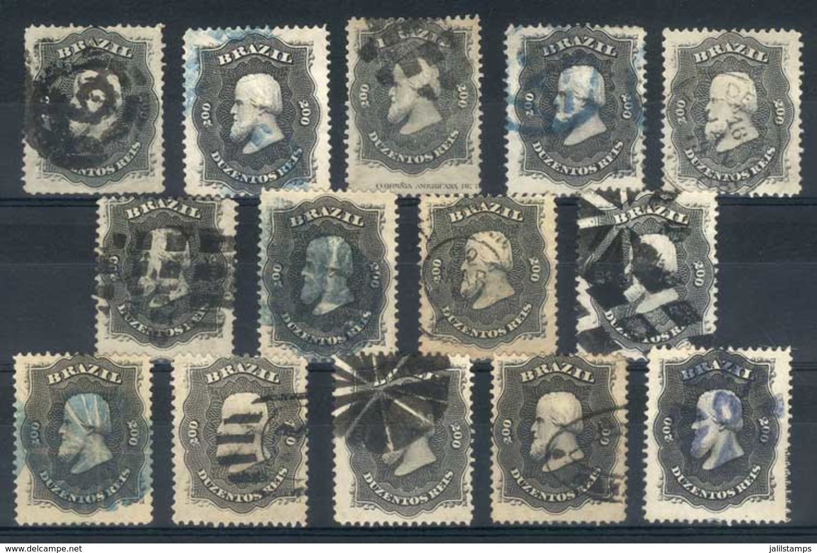 BRAZIL: Sc.59, 1866 200R. Black, 14 Used Examples, All With DIFFERENT CANCELS, Some Very Scarce! VF Quality - Other & Unclassified