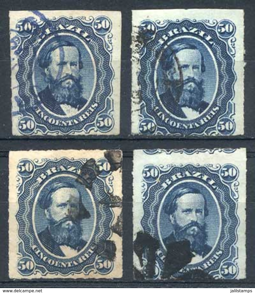 BRAZIL: Sc.63, 1876/7 50R. Blue, 4 Used Examples Of VF Quality And With Interesting Cancellations, Catalog Value US$48. - Otros & Sin Clasificación