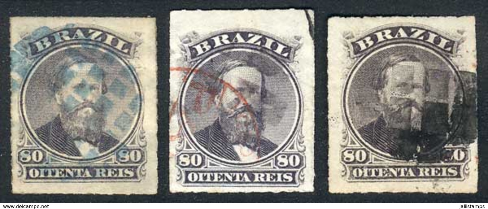 BRAZIL: Sc.64, 1876/7 80R. Violet, 3 Used Examples Of VF Quality And With Interesting Cancels, Catalog Value US$75. - Otros & Sin Clasificación