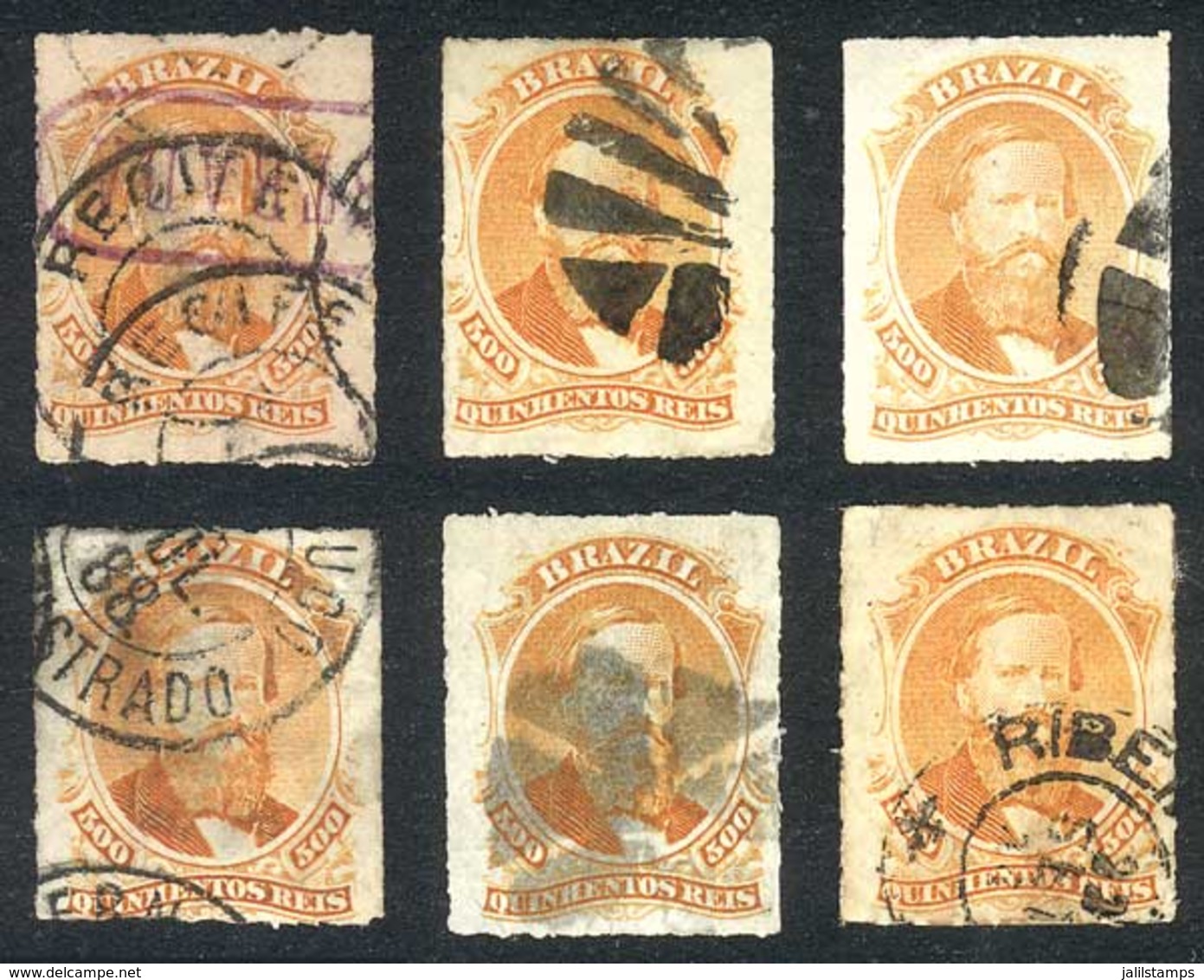 BRAZIL: Sc.67, 1876/7 500R. Orange, 6 Used Examples Of VF Quality And With Interesting Cancellations, Catalog Value US$3 - Otros & Sin Clasificación