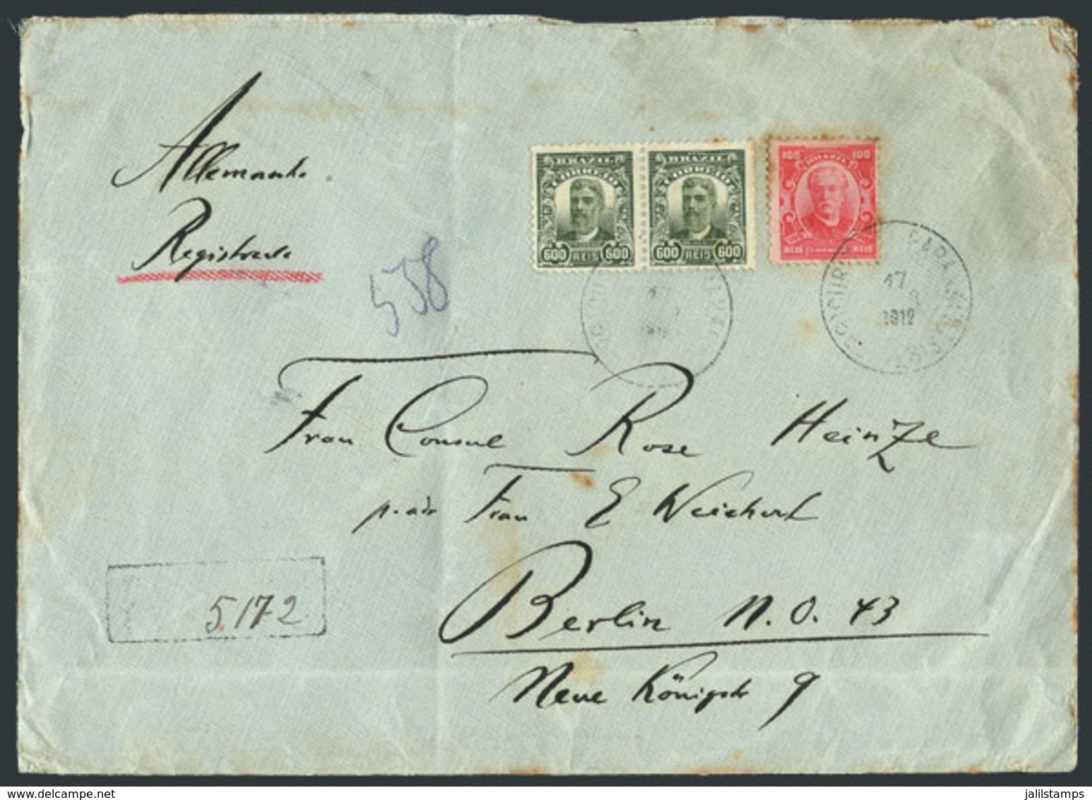 BRAZIL: Registered Cover Sent From CURITIBA To Germany On 17/MAR/1912 Franked With 1,300Rs., With An Interesting Seal On - Andere & Zonder Classificatie