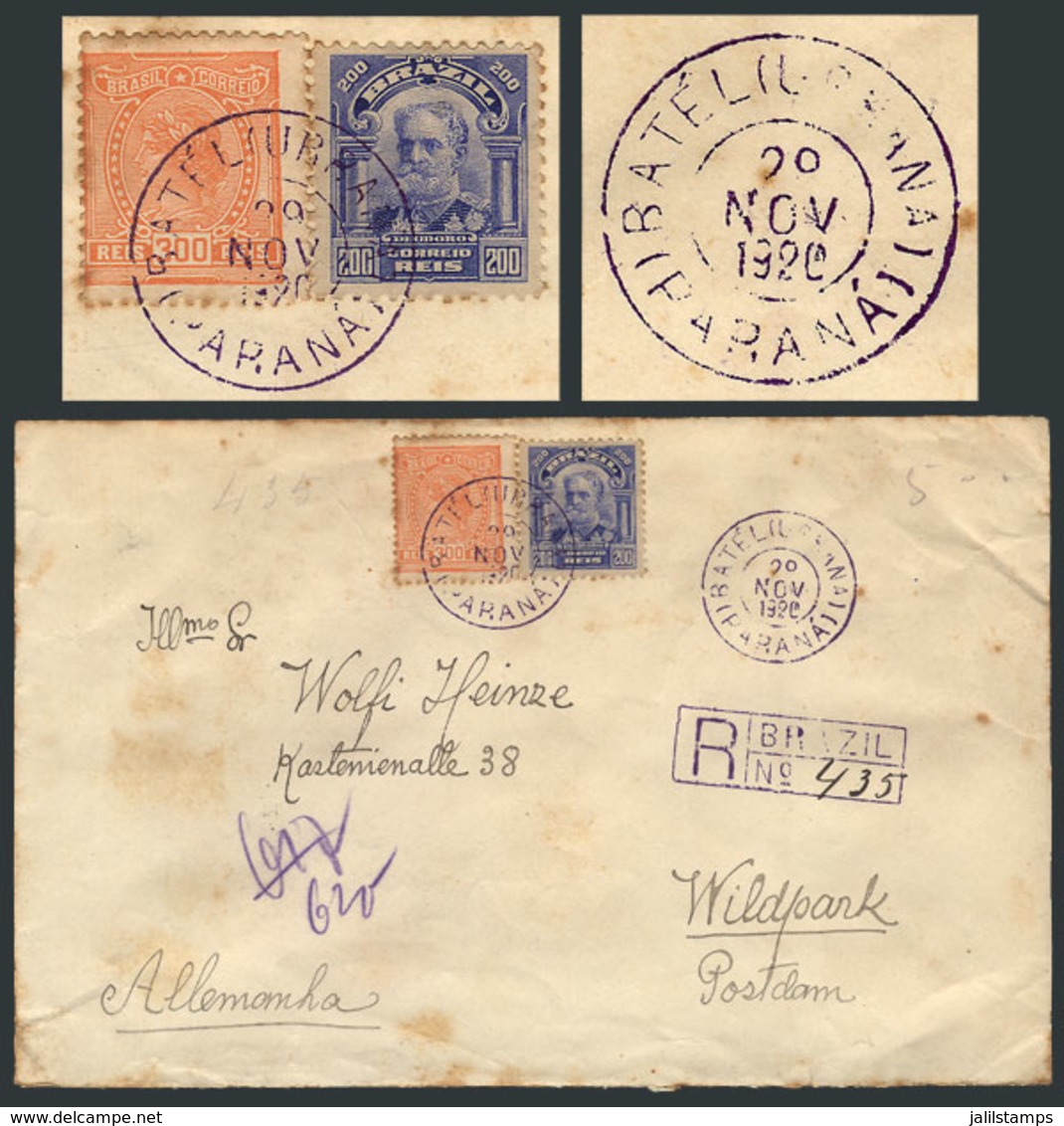 BRAZIL: Registered Cover Sent To Germany On 29/NO/1920 Franked With 500Rs., With Interesting Postmark Of "BATÉL (URBANA) - Andere & Zonder Classificatie