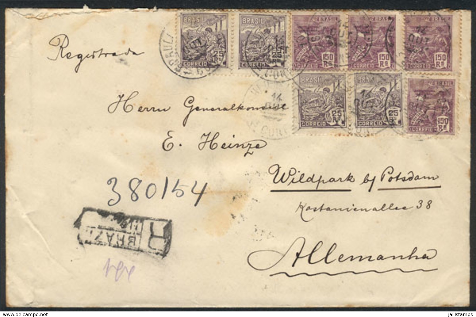 BRAZIL: Registered Cover Sent From Sao Paulo To Germany On 14/OC/1921 Franked With 700Rs., Very Nice! - Other & Unclassified