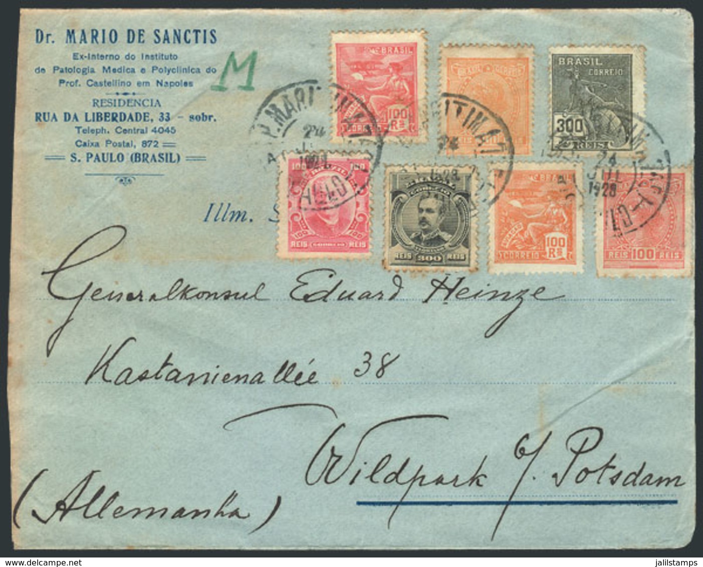 BRAZIL: Cover Sent From Sao Paulo To Germany On 24/JUL/1923 With Very Rare Postage Of 1,300Rs. Consisting Of Stamps Of 3 - Other & Unclassified