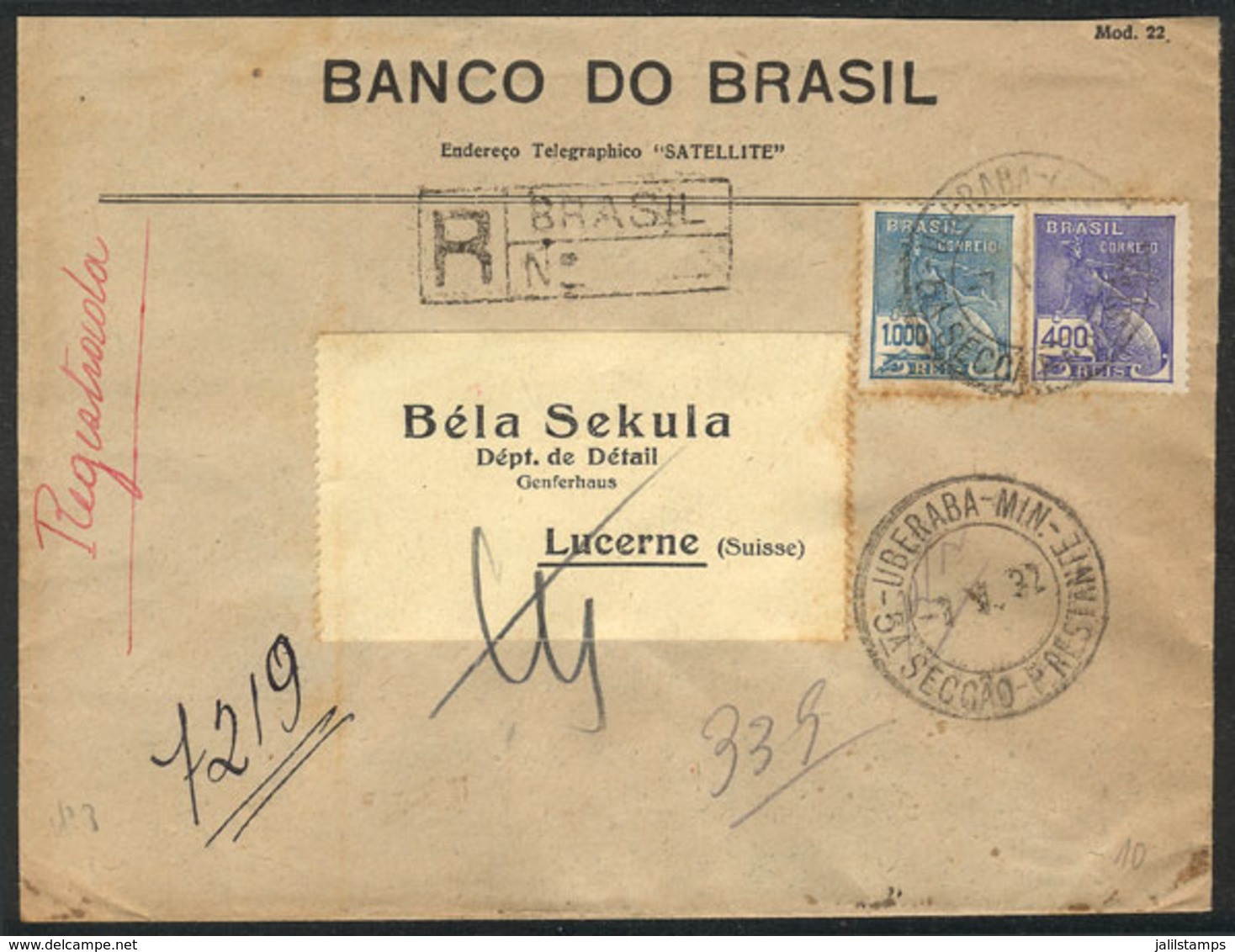 BRAZIL: Registered Cover Sent From Uberaba To Switzerland On 7/MAY/1932, Franked With 1,400Rs., VF Quality! - Otros & Sin Clasificación