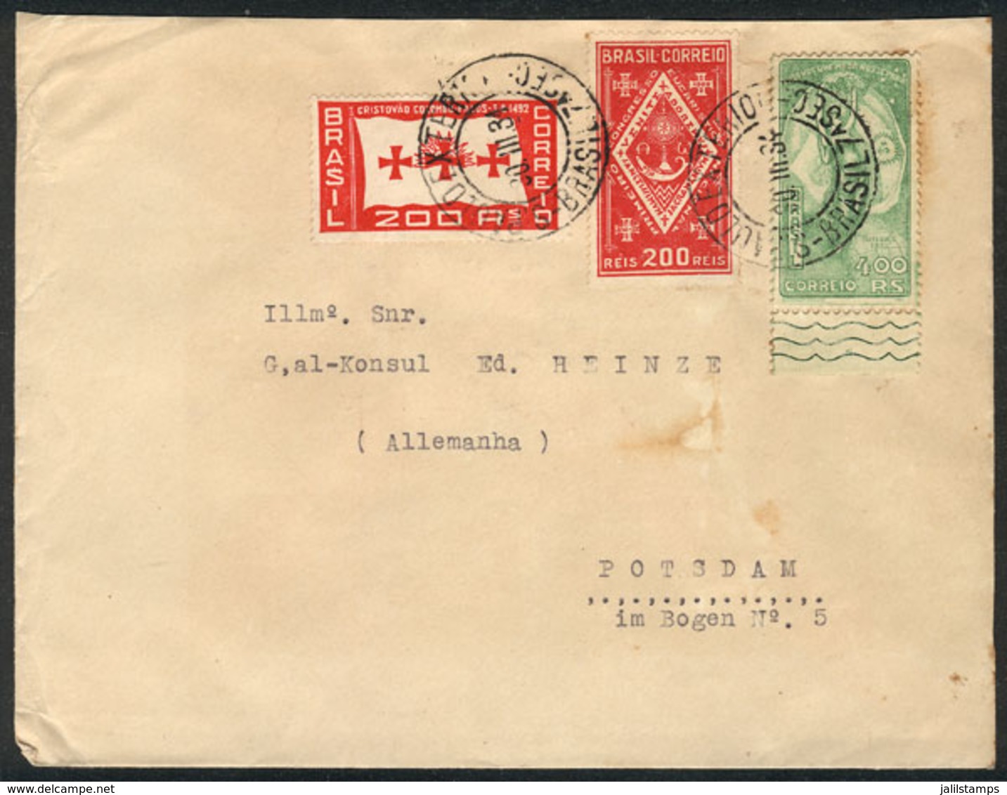 BRAZIL: Registered Cover Sent From Sao Paulo To Germany On 30/MAR/1934 With Commemorative Postage For 800Rs., Very Inter - Otros & Sin Clasificación