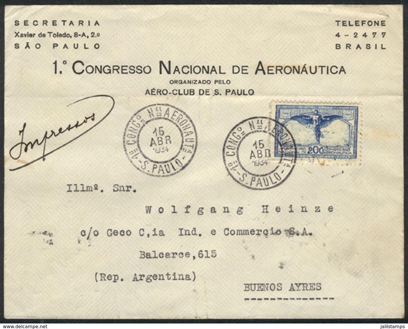 BRAZIL: Cover With Printed Matter Franked By RHM.C-65 ALONE, Sent From Sao Paulo To Argentina On 15/AP/1934 (first Day O - Andere & Zonder Classificatie
