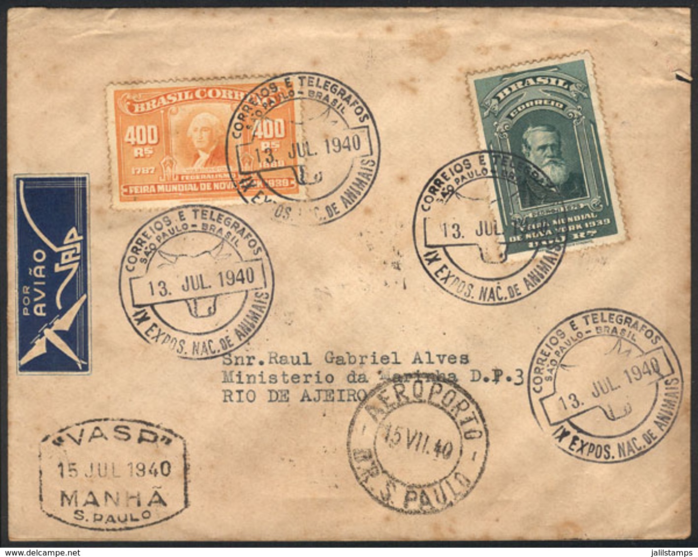 BRAZIL: Airmail Cover Sent Via VASP From Sao Paulo To Rio On 13/JUL/1940, Very Nice! - Other & Unclassified