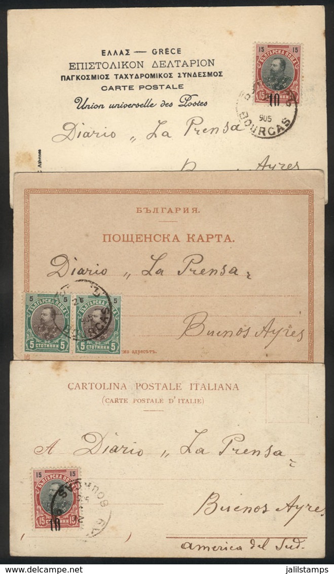 BULGARIA: 3 PCs Sent In 1906 From BOURCAS To Argentina Franked With 10s. (Sc.60 In Pair Or Sc.73), Fine To VF Quality, R - Otros & Sin Clasificación