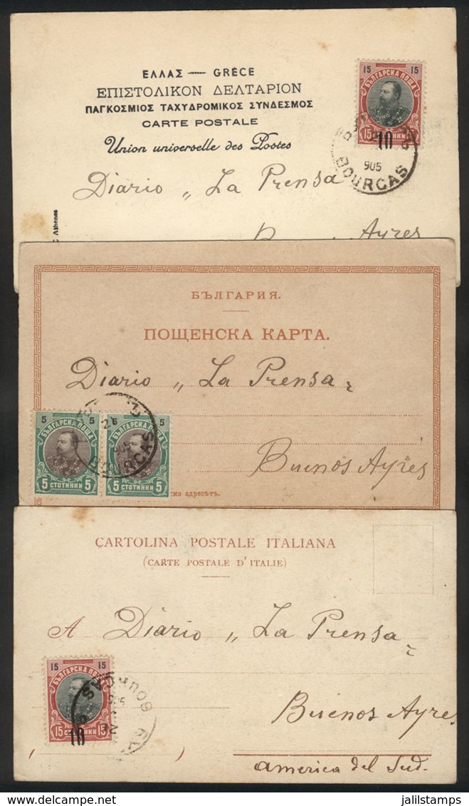 BULGARIA: 3 PCs Sent In 1906 From BOURCAS To Argentina Franked With 10s. (Sc.60 In Pair Or Sc.73), Fine To VF Quality, R - Other & Unclassified