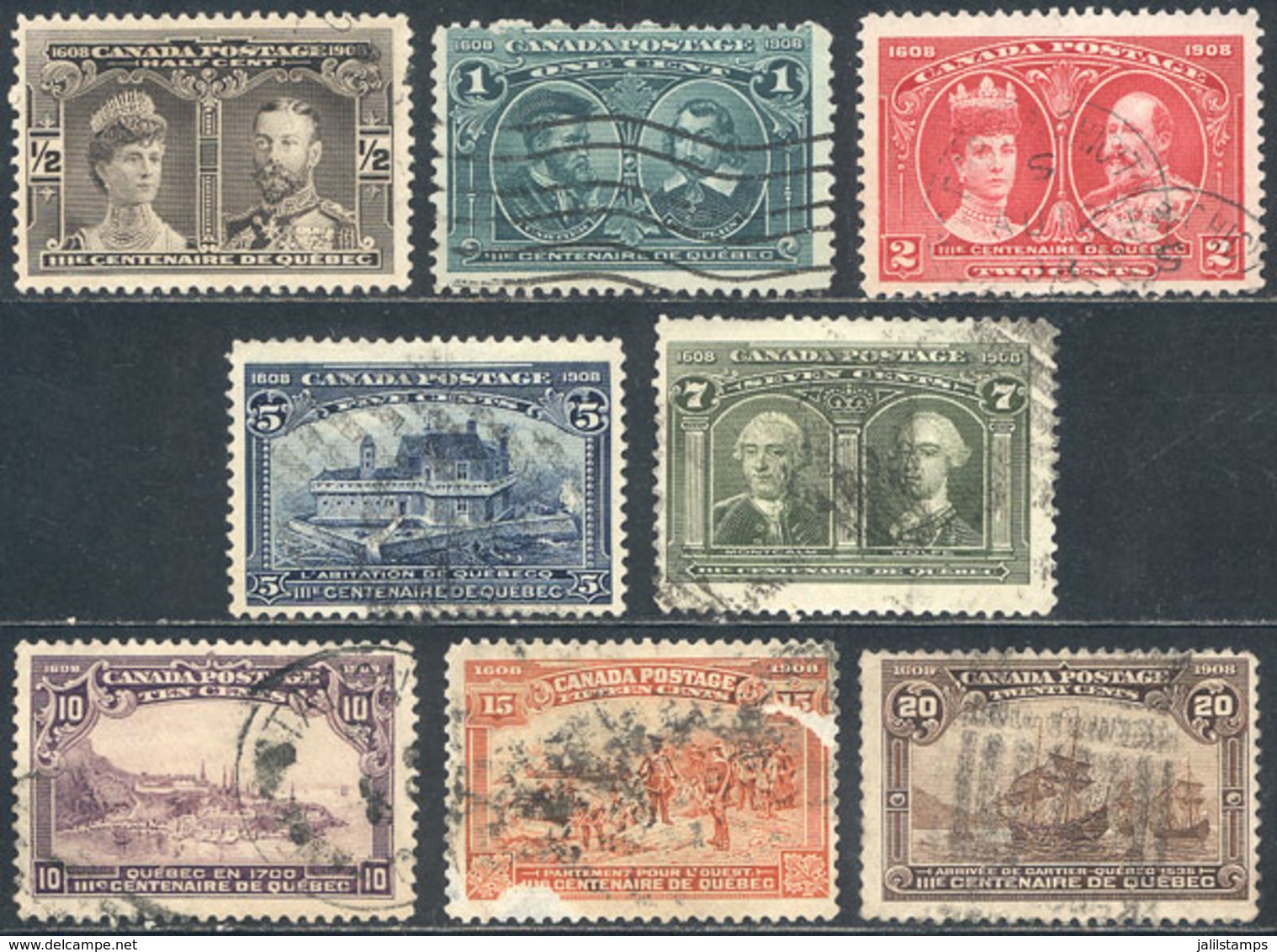 CANADA: Sc.96/103, 1908 Quebec 3rd Centenary, Compl. Used Set Of 8 Values, ALL WITH MINOR DEFECTS, The 15c. With Importa - Sonstige & Ohne Zuordnung