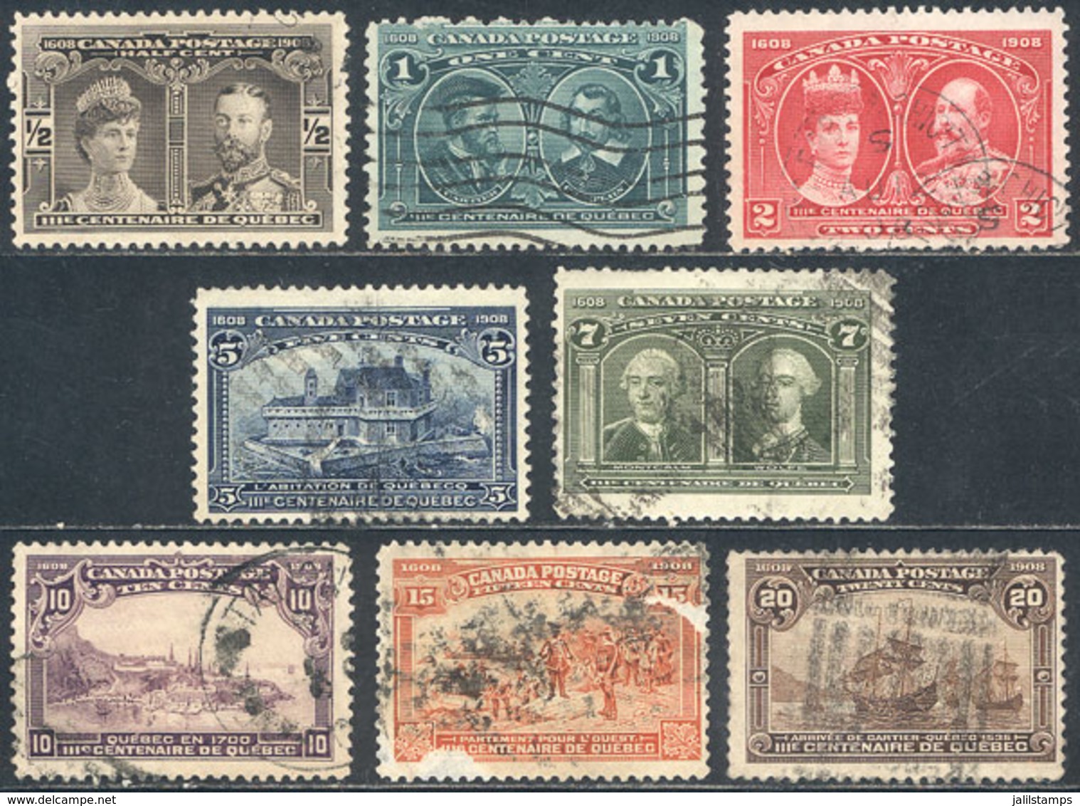 CANADA: Sc.96/103, 1908 Quebec 3rd Centenary, Compl. Used Set Of 8 Values, ALL WITH MINOR DEFECTS, The 15c. With Importa - Other & Unclassified