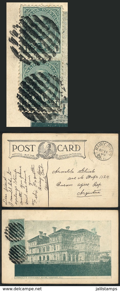 CANADA: Postcard Franked With 2x 1c. With Mute Cancel, Sent From RAINY RIVER To Argentina On 14/NO/1908, VF Quality! - Andere & Zonder Classificatie