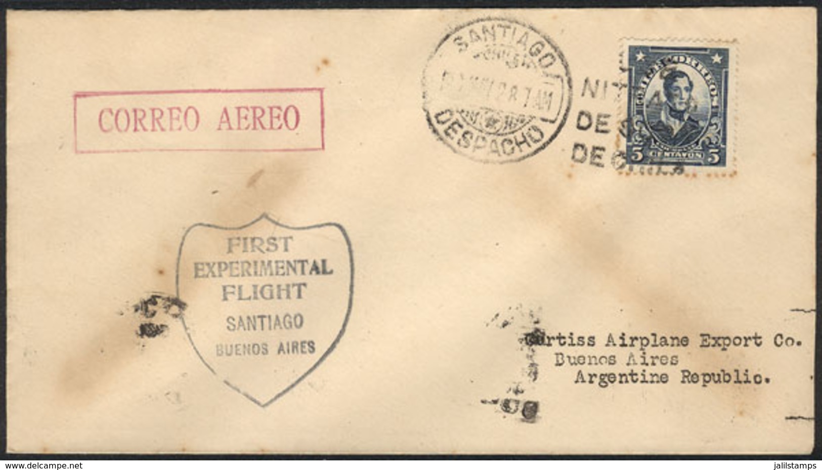 CHILE: 8/MAY/1928 Santiago - Buenos Aires: Experimental First Flight, Very Nice! - Chile