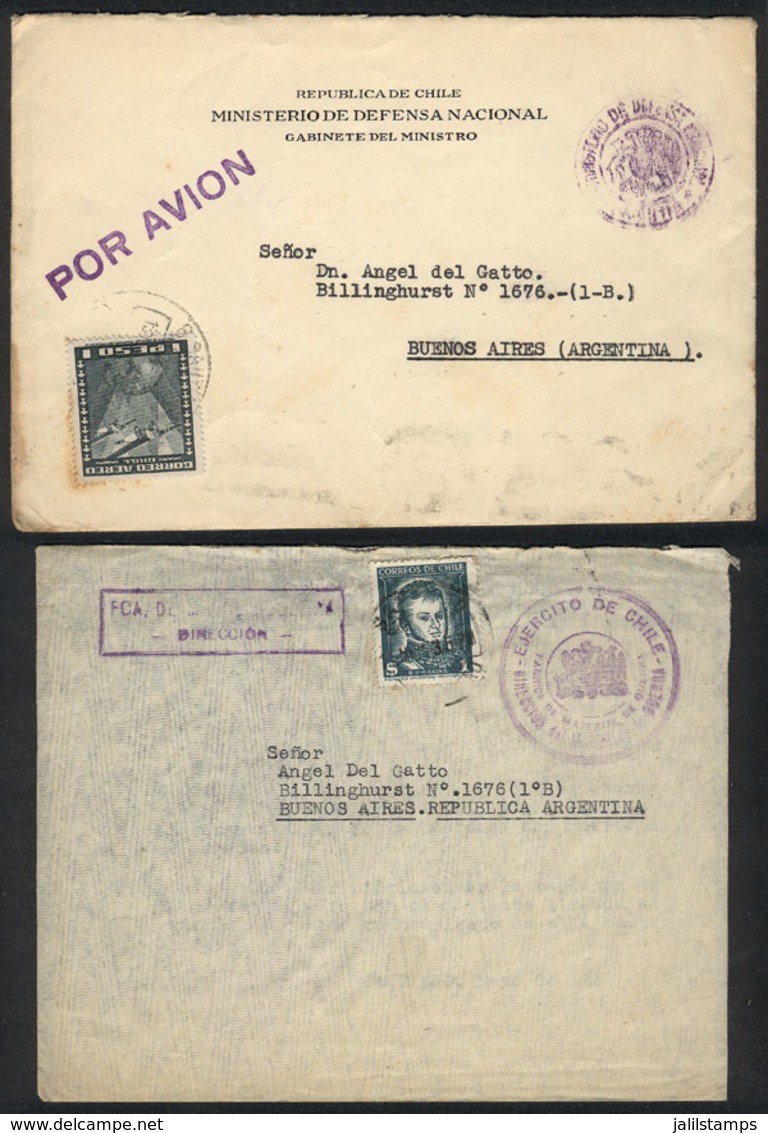 CHILE: 2 Official Envelopes Sent To Argentina In 1952 And 1953 Franked With Definitive Stamps Of 1P. To Pay The Airmail  - Chili