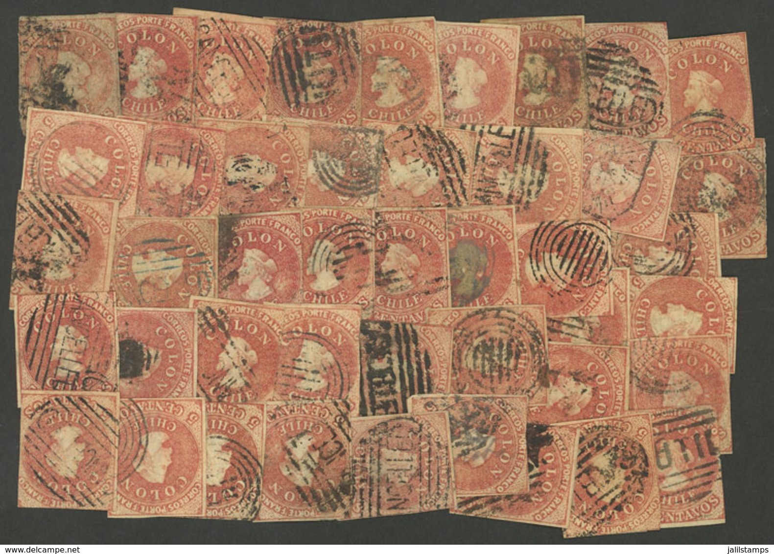 CHILE: 44 Used Colon/Columbus Stamps, Completely UNCHECKED, Perfect Lot To Look For Varieties! - Chili