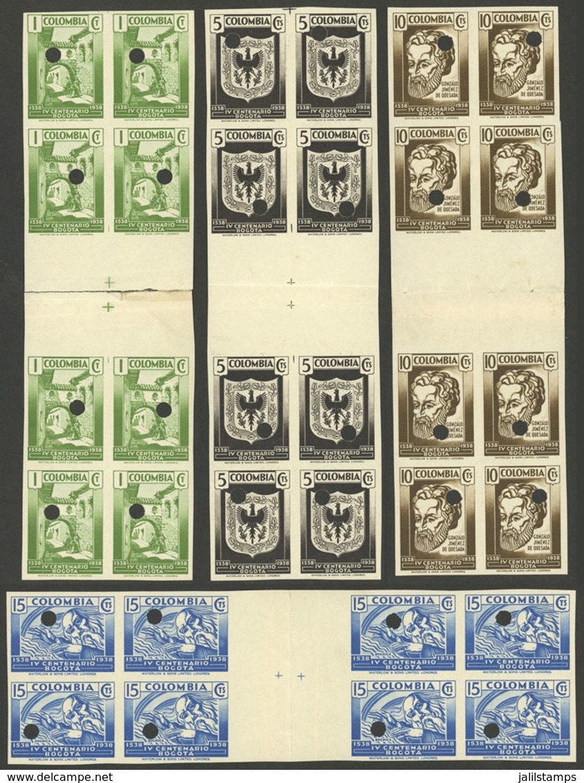 COLOMBIA: Sc.457 + 459 + 460 + 461, 1938 Bogotá 400 Years, PROOFS In Blocks Of 8 With Gutters, Imperforate And With Punc - Colombie