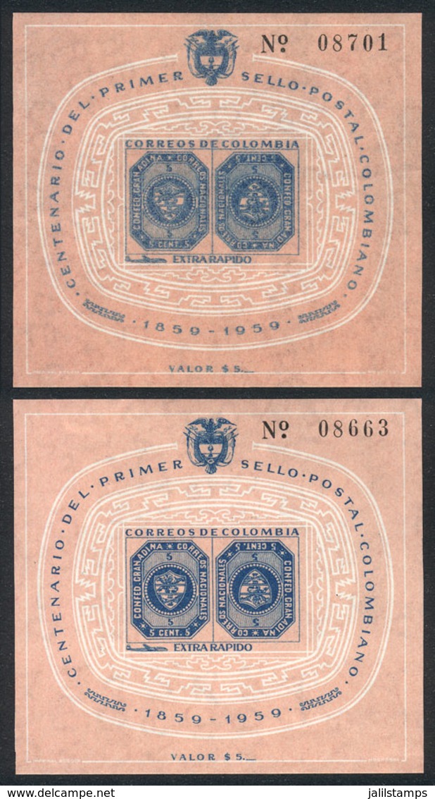 COLOMBIA: Souvenir Sheet Yv.17, 1960 Stamp Centenary With DOUBLE IMPRESSION Of Blue Color Variety, VF. Along A Normal St - Kolumbien