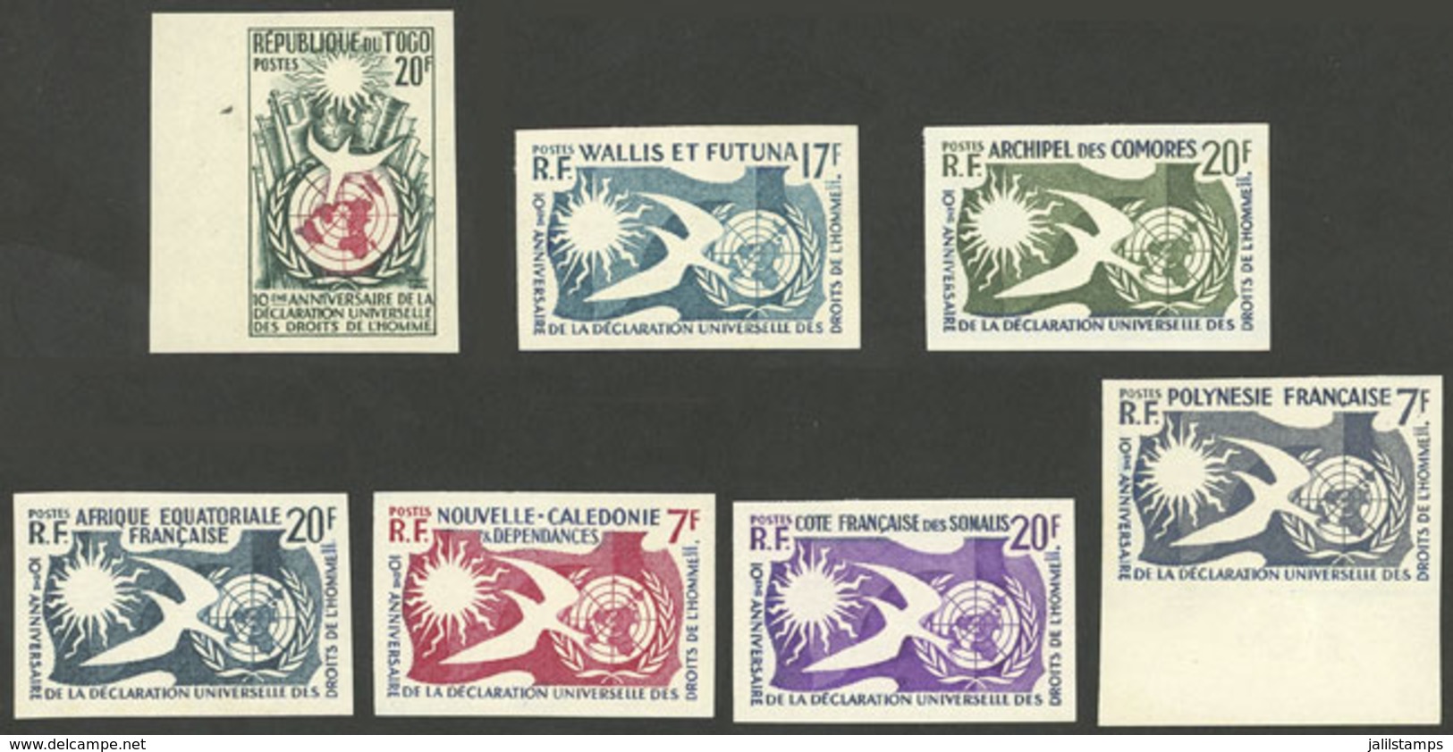 FRENCH COLONIES: Human Rights Declaration: 7 IMPERFORATE Stamps Of Different Colonies, MNH And Of Excellent Quality. It  - Andere & Zonder Classificatie