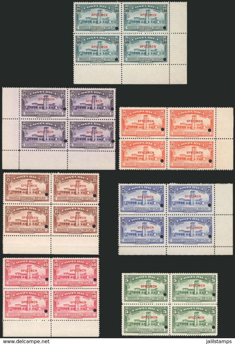 COSTA RICA: Sc.C39/45, 1940 La Sabana Airport, Compl. Set Of 7 Values In BLOCKS OF 4 With SPECIMEN Overprint And Punch H - Costa Rica