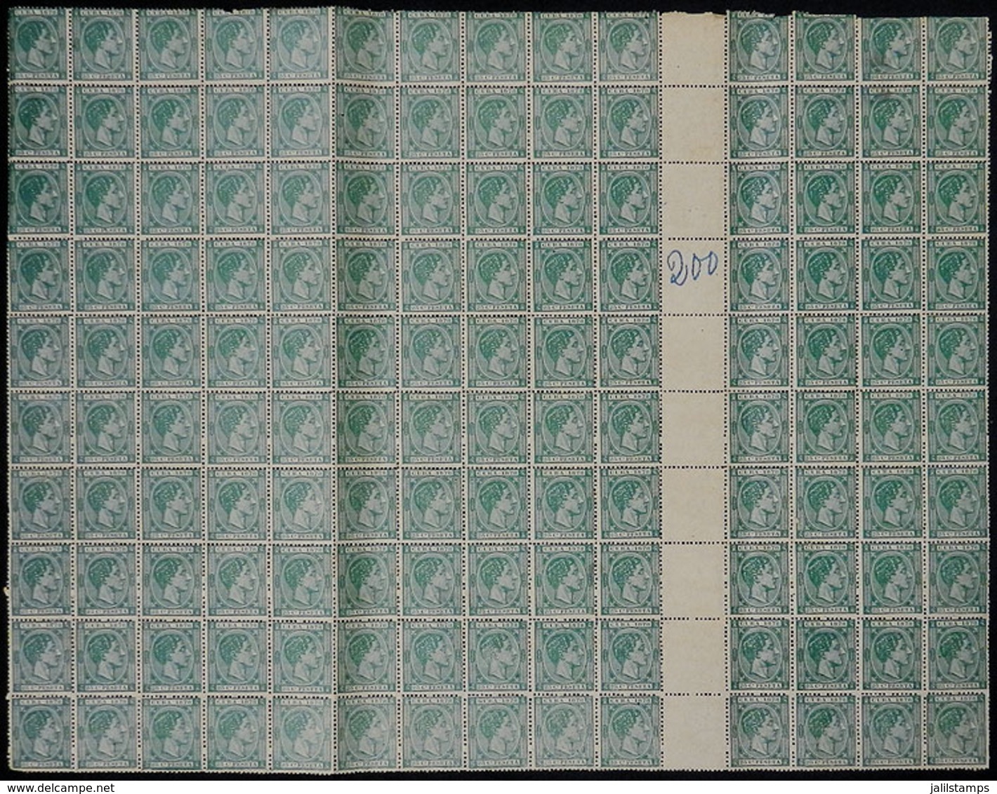 CUBA: Yvert 25, 1878 25c. DARK Green, Fantastic Block Of 200 Examples Containing 10 Gutter Pairs, Very Nice, Fine Qualit - Other & Unclassified