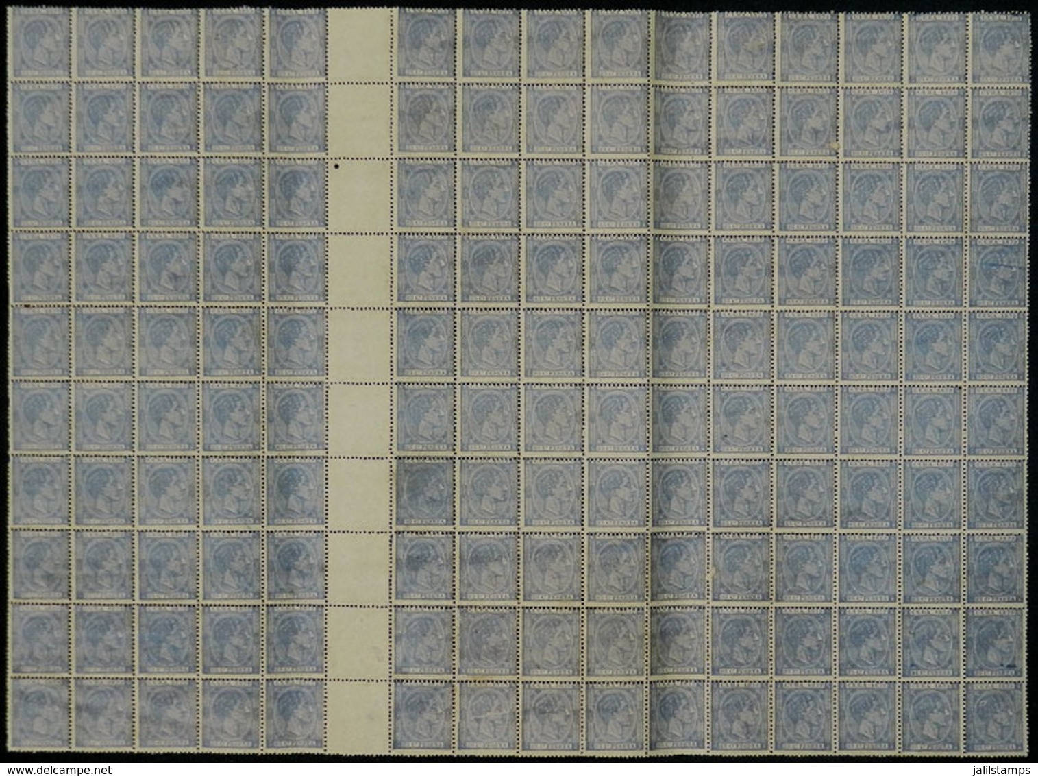 CUBA: Yvert 31, 1879 25c. Ultramarine Gray, Spectacular Block Of 130 Examples Containing 10 Gutter Pairs, With Some Stai - Otros & Sin Clasificación