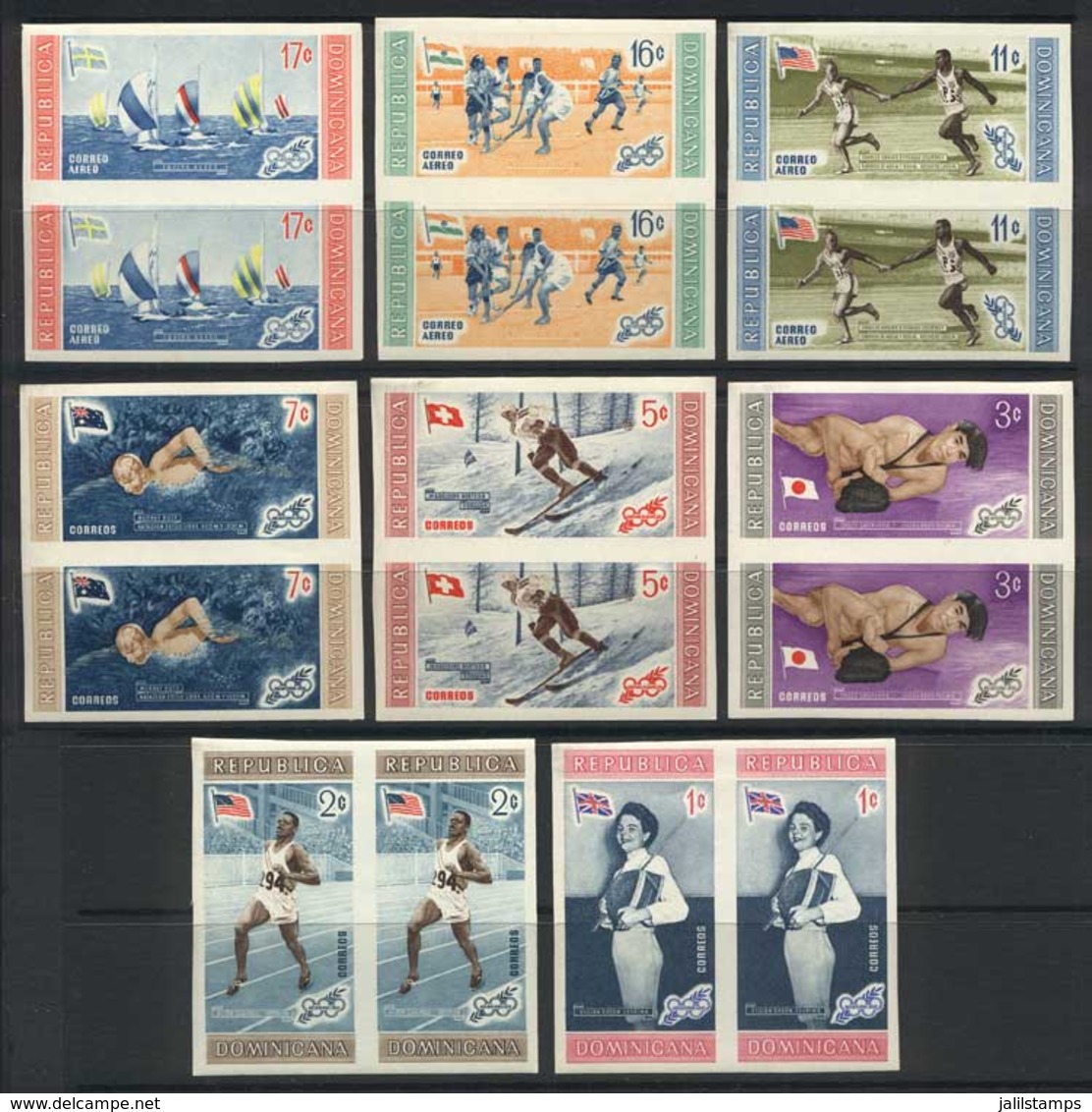 DOMINICAN REPUBLIC: Yvert 504/8 + A.129/31, 1958 Melbourne Olympic Games, Compl. Set Of 8 Values In IMPERFORATE PAIRS, V - Dominican Republic