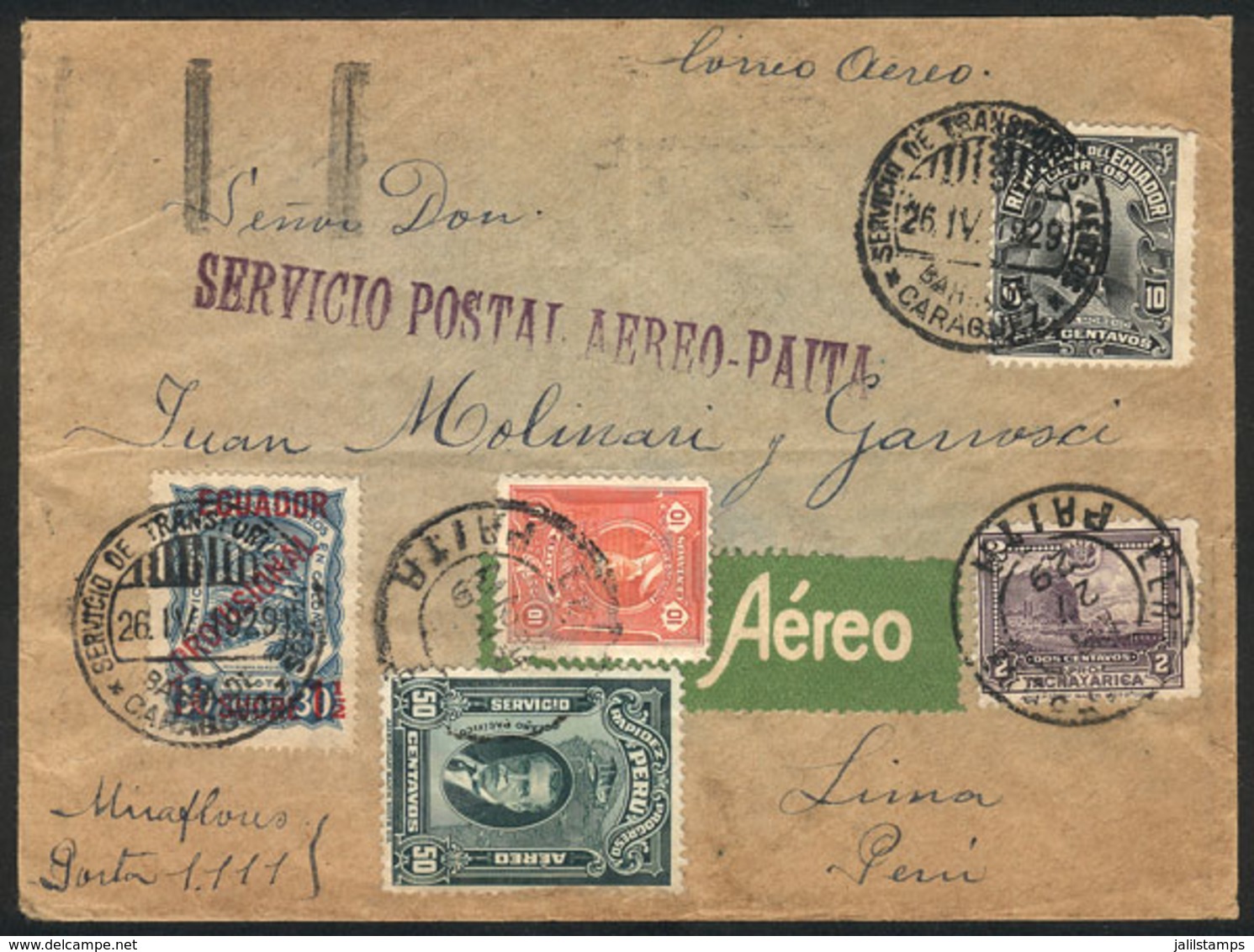 ECUADOR: 26/AP/1929 Caraguez - Lima, Cover With Mixed Ecuador - Perú Postage, With Airmail Stamp Sc.C4 + Another Value T - Ecuador