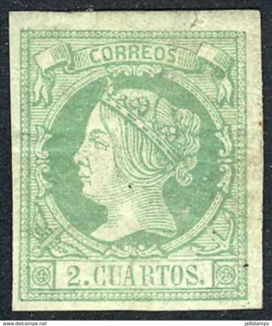 SPAIN: Yv.47 (Sc.49), 1860/1 2c. Green On Greenish Paper, Mint With Part Original Gum (with Adherences On Back, Old Hing - Other & Unclassified