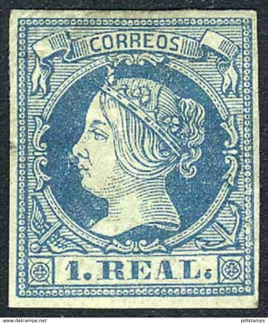 SPAIN: Yv.51 (Sc.53), 1860/1 1R. Blue On Greenish Paper, Mint With Original Gum (with Old Hinge Remnants), Very Nice Fro - Andere & Zonder Classificatie