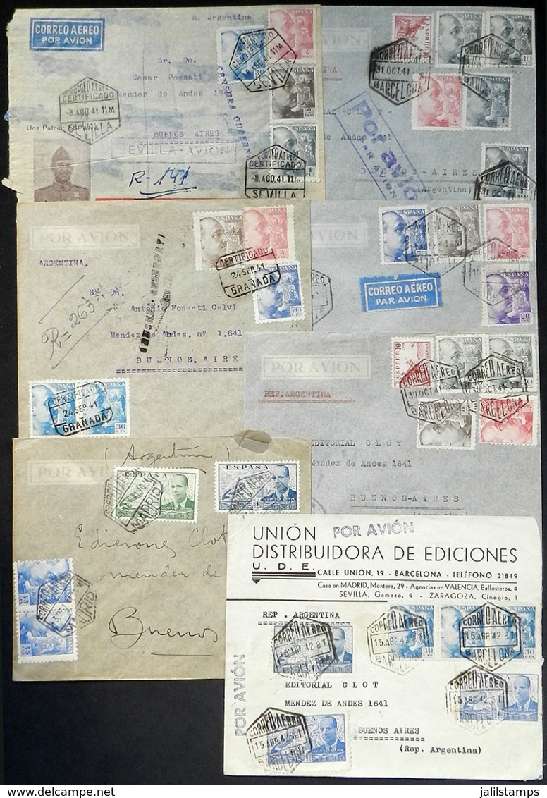 SPAIN: 7 Airmail Covers (some Registered) Sent To Argentina In 1941 And 1942 With Very Nice Postages And Interesing Cens - Andere & Zonder Classificatie