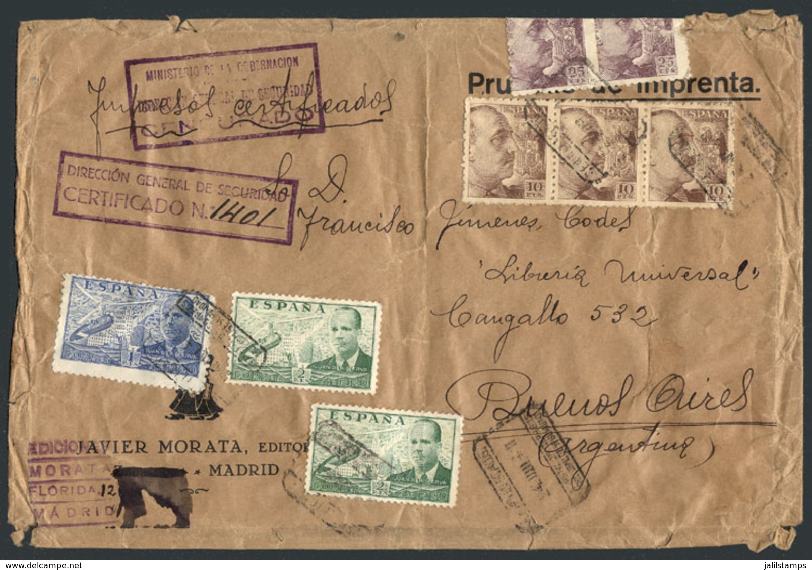 SPAIN: Cover For Printed Matter Sent By Registered Mail From Madrid To Argentina On 24/JUL/1941, With Fantastic Postage  - Andere & Zonder Classificatie