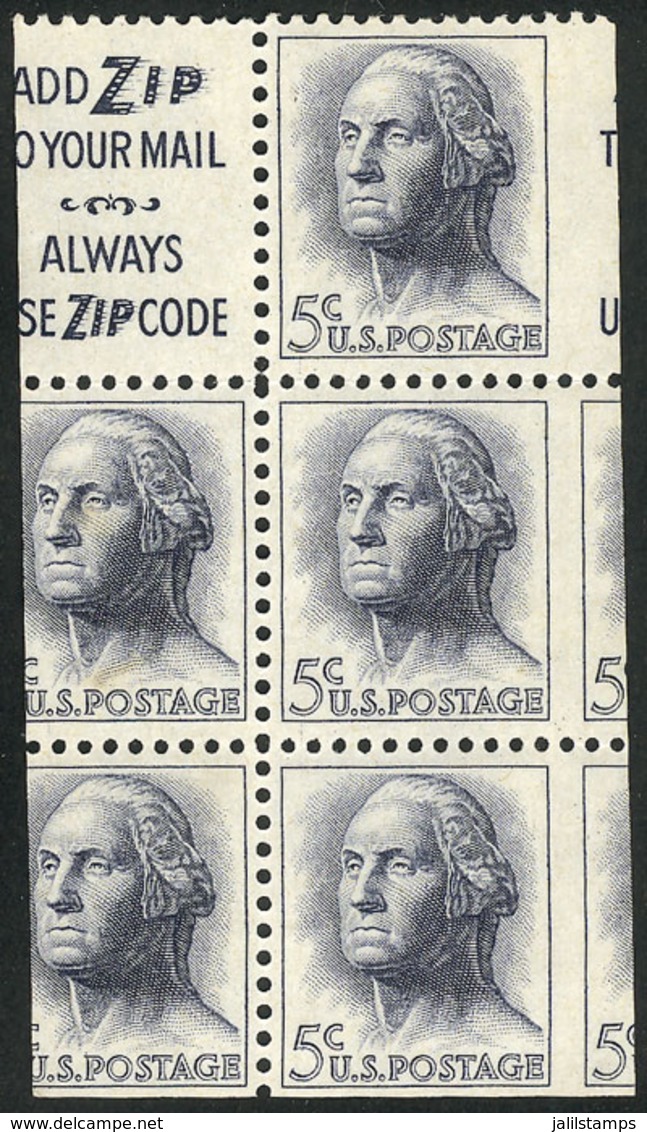 UNITED STATES: Yvert 741, 1962/3 5c. Washington, Booklet Pane Of 5 Stamps + Label, MISCUT Variety, Very Nice! - Otros & Sin Clasificación