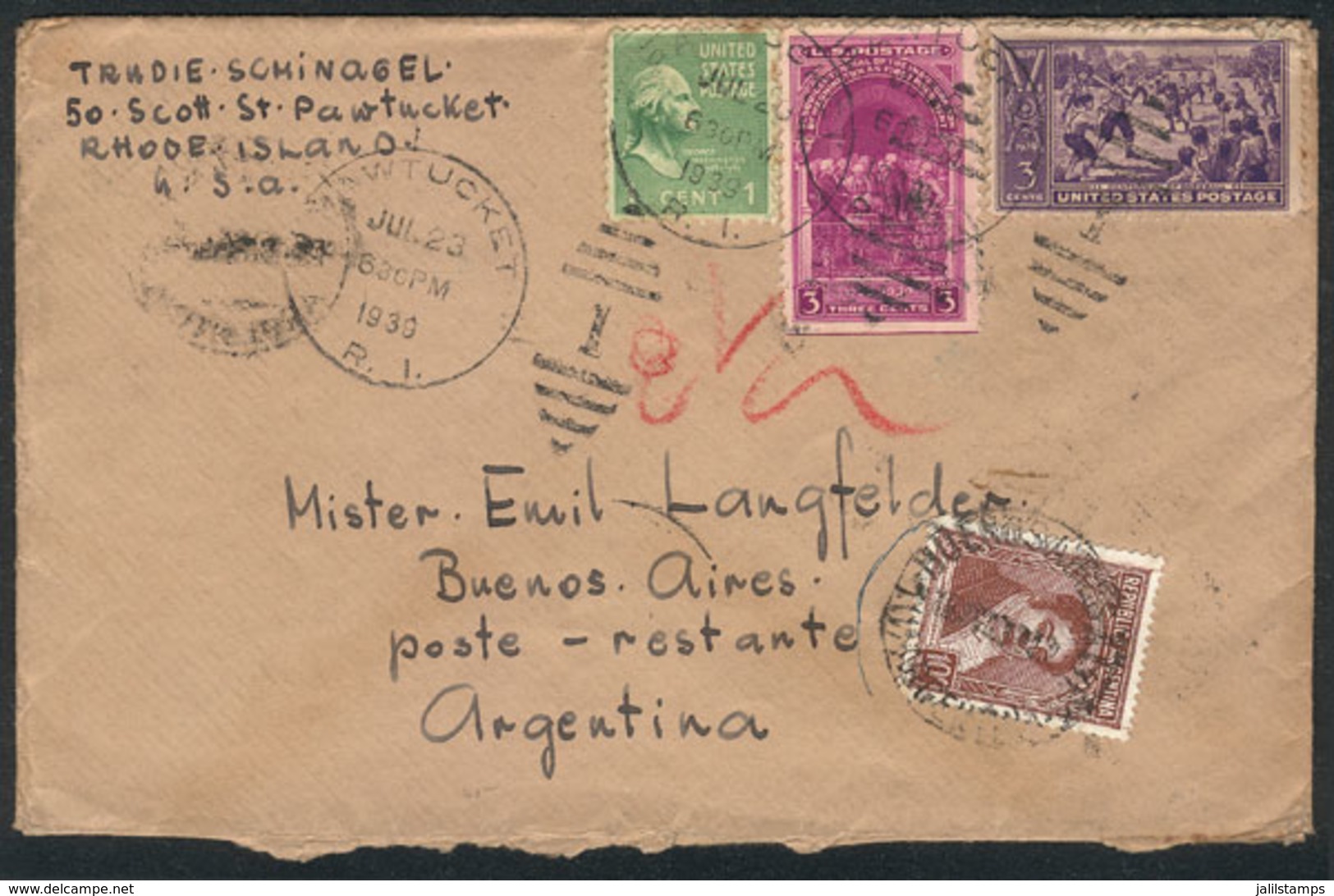 UNITED STATES: Cover Sent From Rhode Island To Poste Restante (Buenos Aires) On 20/JUL/1939, With Argentina Stamp Of 10c - Marcofilie