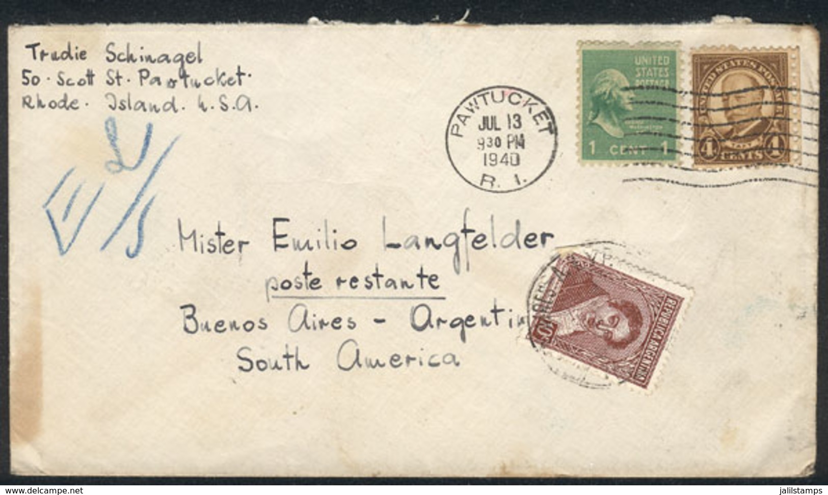 UNITED STATES: Cover Sent From Rhode Island To Poste Restante (Buenos Aires) On 13/JUL/1940, With Argentina Stamp Of 10c - Marcofilia