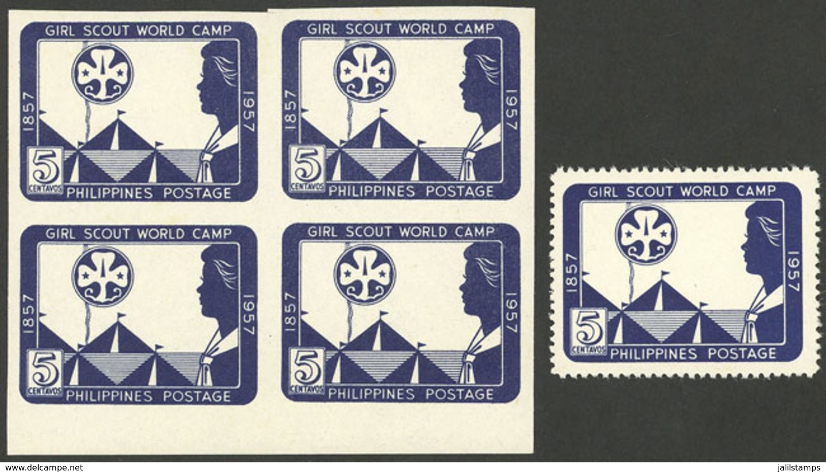 PHILIPPINES: Yvert 451a, 1957 Scouts, IMPERFORATE Block Of 4, MNH, VF Quality. We Also Include A Perforated Example - Philippines