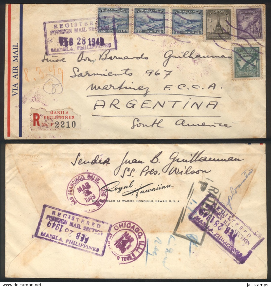 PHILIPPINES: Registered Airmail Cover Sent From Manila To Argentina On 28/FE/1949, Unusual Destination! - Filippijnen